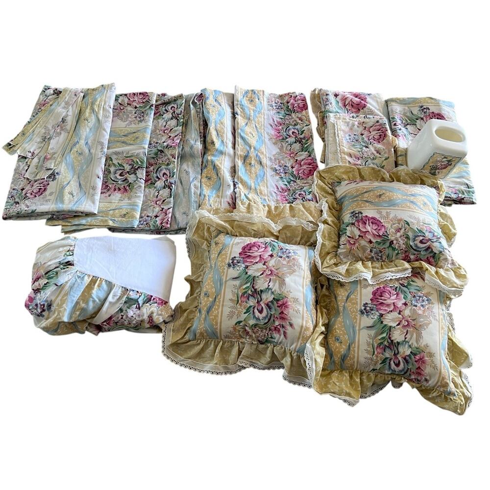 HUGE 21 Pc Croscill Look PRINCESS FLORAL Set Valance Panels Pillows Bed Skirt ++